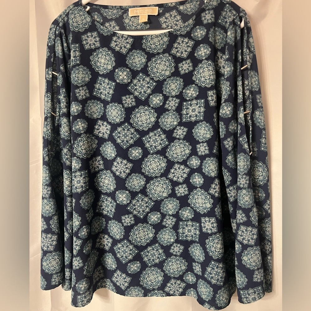 Michael Kors Navy and Green and White Mosaic Long-Sleeve peek-a-boo sleeve top